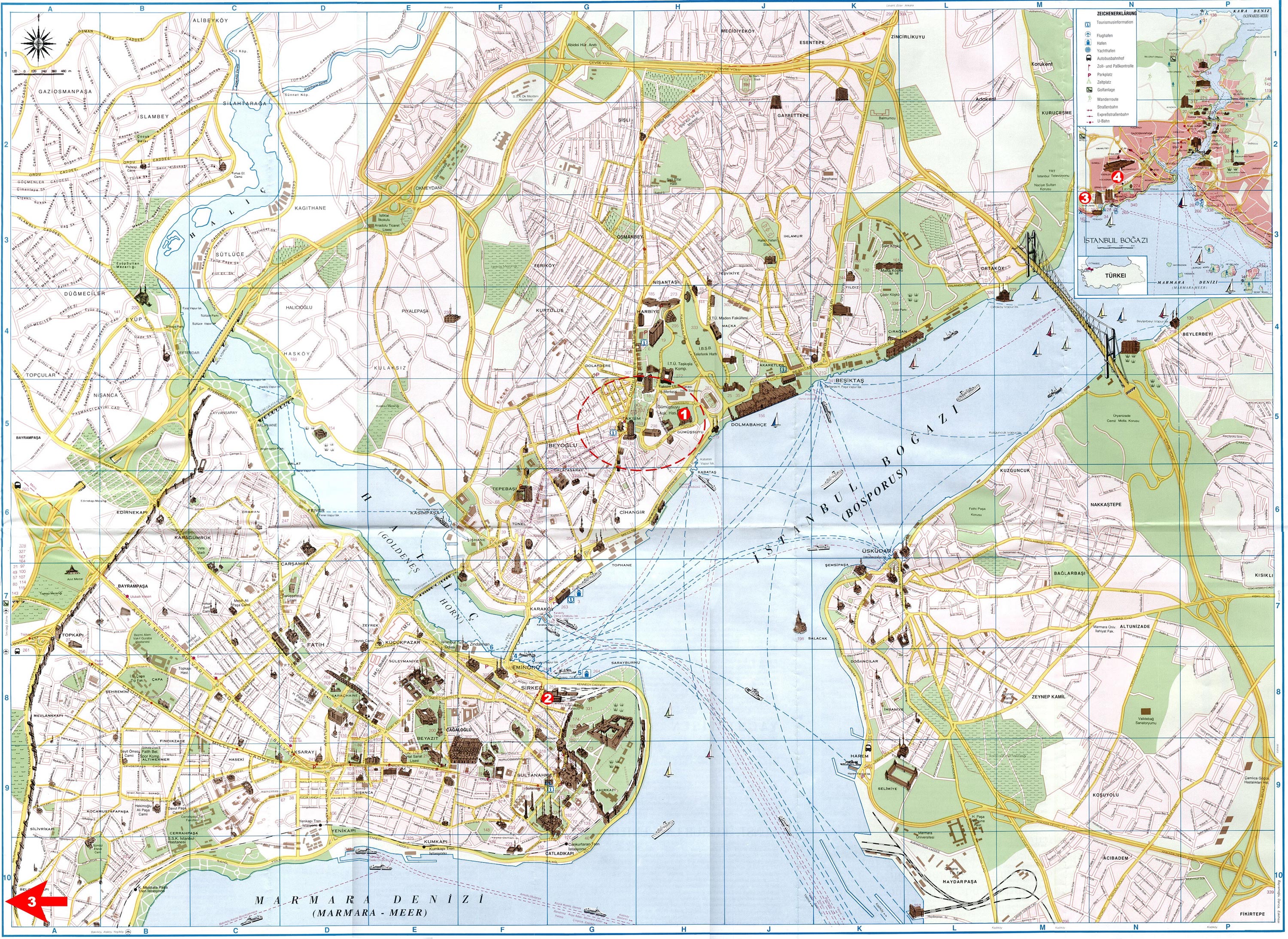 Карта Стамбула, достопримечательности обозначены цифрами